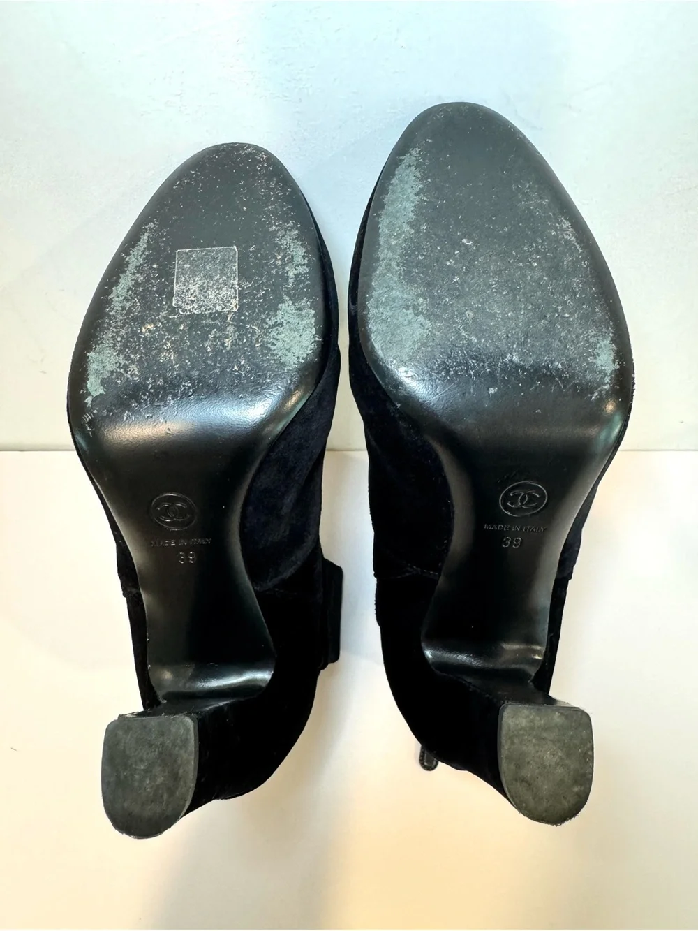 Chanel Black Velvet CC Logo Gold Medallion Coin Ankle Boots Sz 39